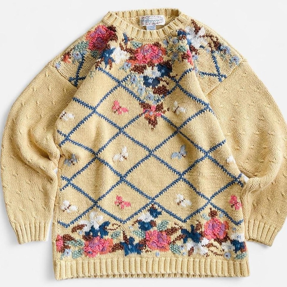 Vintage Melbourne Country Knit Cream Yellow Pink Blue Floral Grandma Sweater